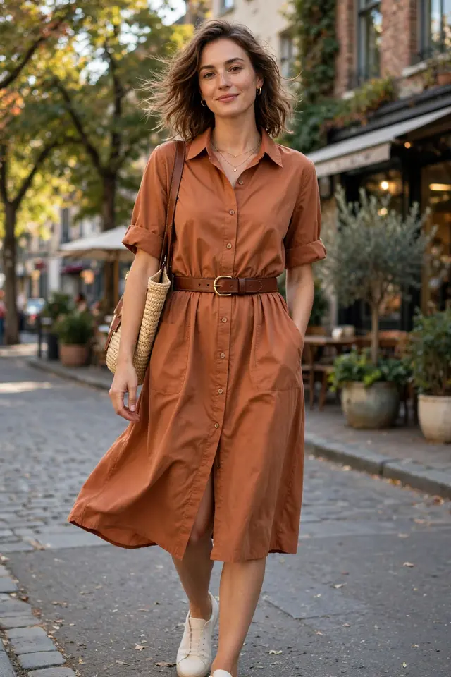 Terracotta cotton poplin shirtdress styled with a leather belt