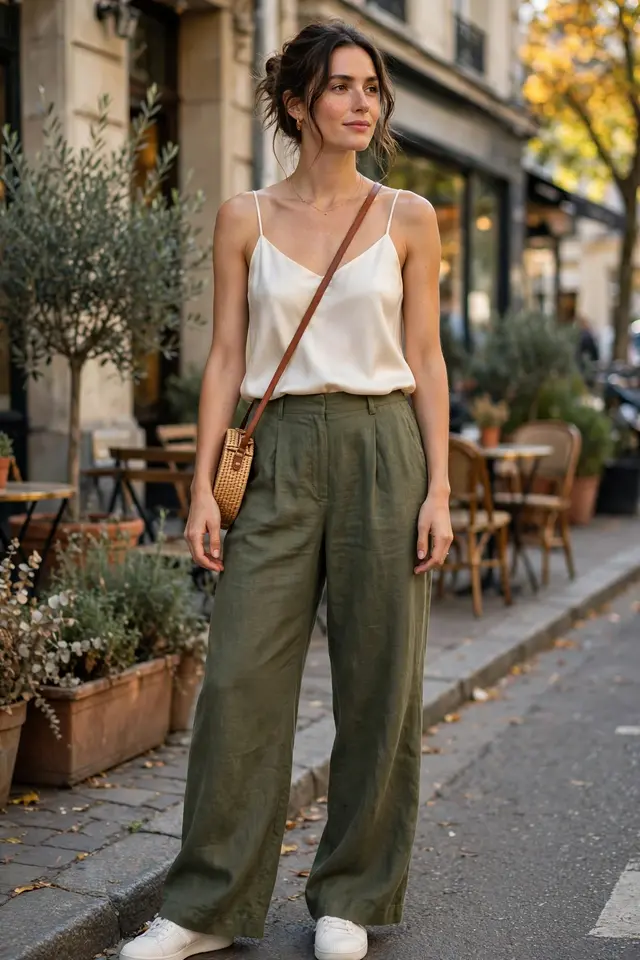 Wide-leg olive linen trousers paired with a silk cami