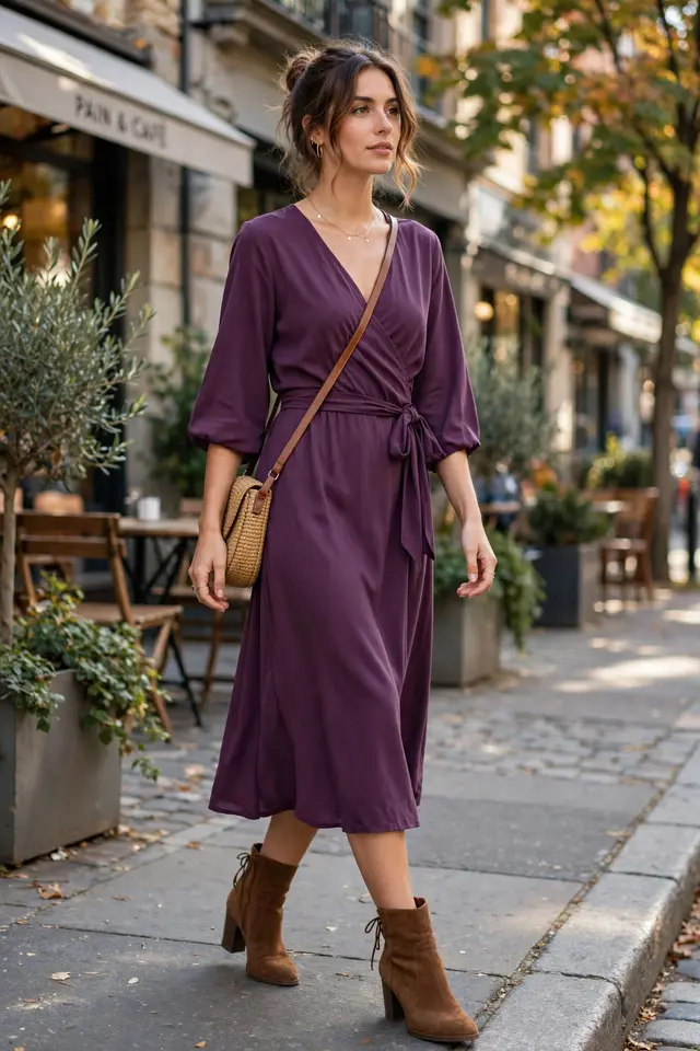 Plum-colored Tencel wrap dress with ankle boots