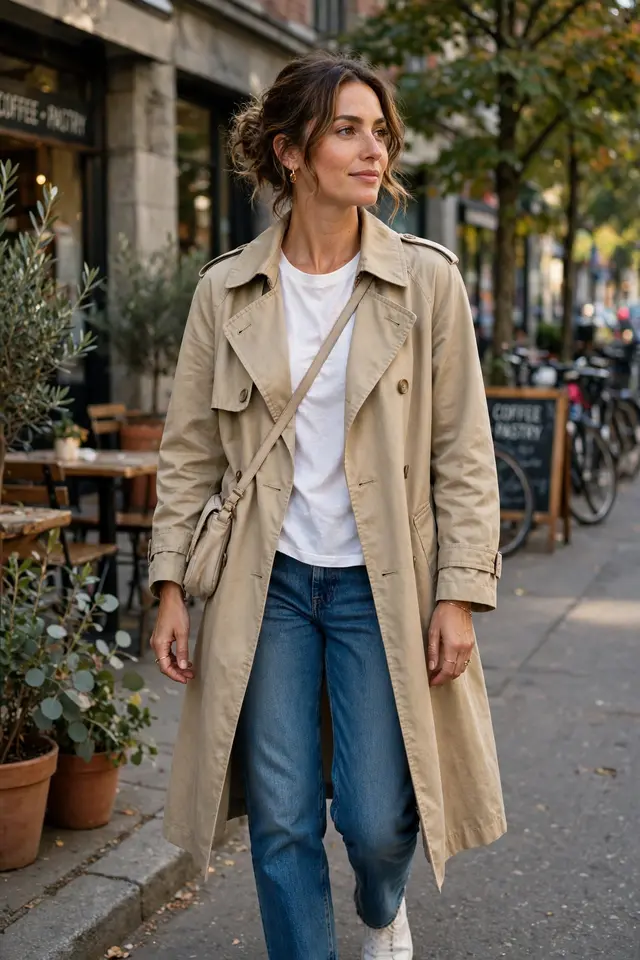 Beige cotton gabardine trench worn open over jeans