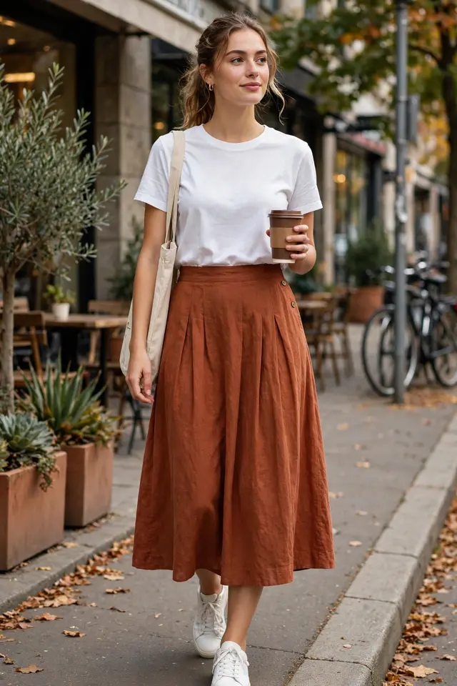 Rust-colored cotton-linen midi skirt with white sneakers
