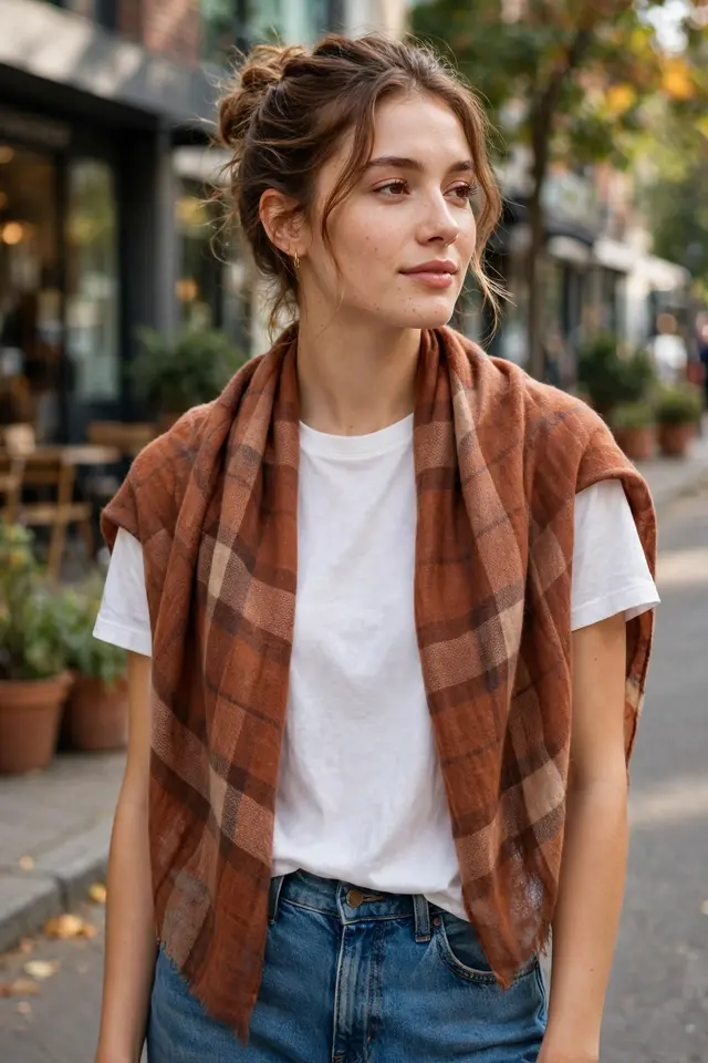Rust plaid lightweight cashmere scarf draped over shoulders