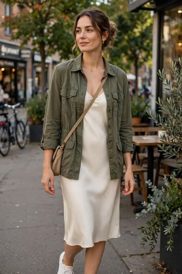  Olive lightweight utility shacket worn over a slip dress