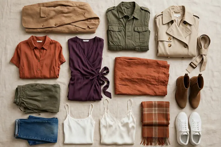 Full outfit flat lay combining several featured lightweight fall wardrobe pieces