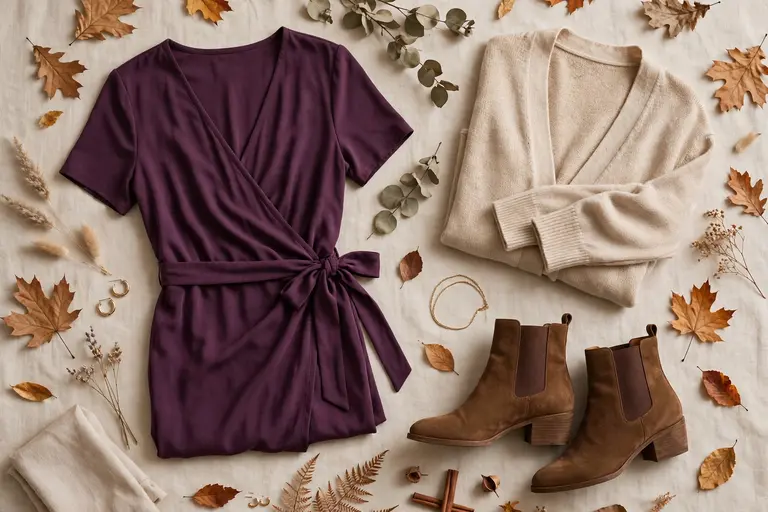 Flat lay of wrap dress, cardigan, and ankle boots for fall