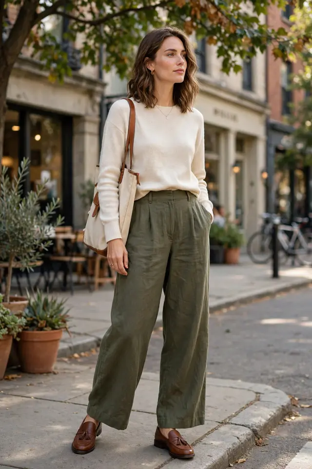 Wide-leg trousers with tucked sweater and loafers