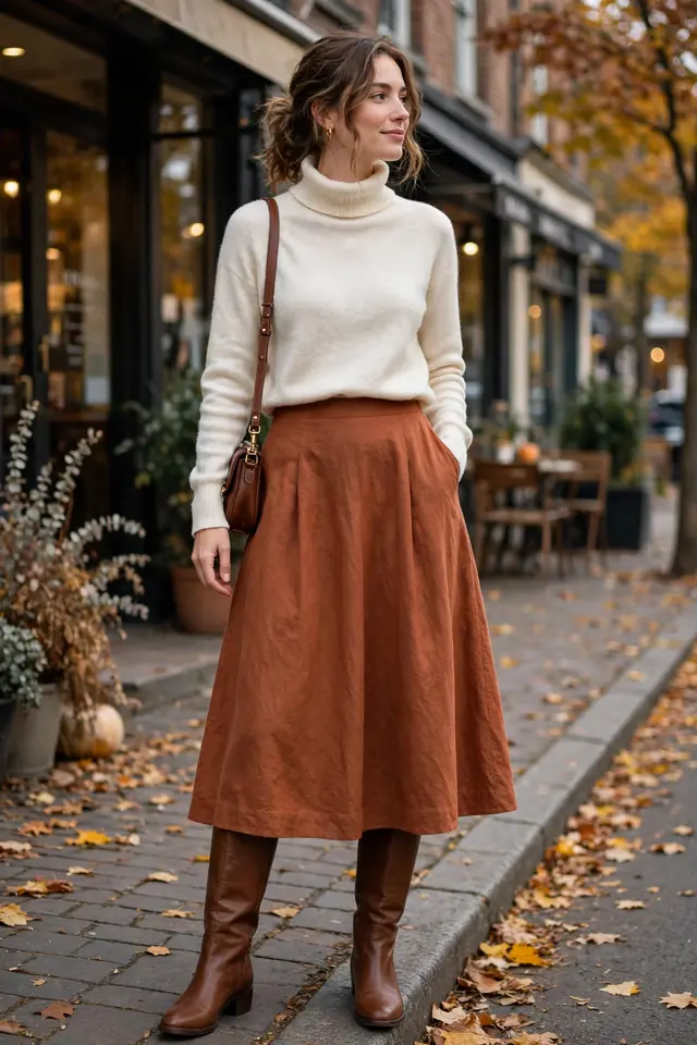 A-line midi skirt with turtleneck and knee-high boots