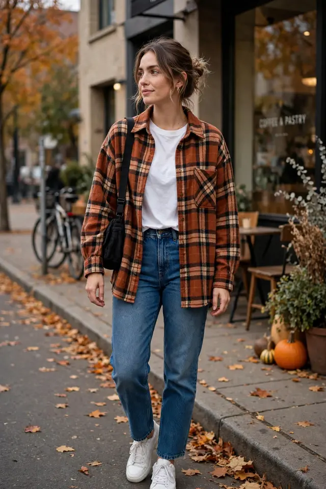 Straight-leg jeans with oversized flannel and sneakers