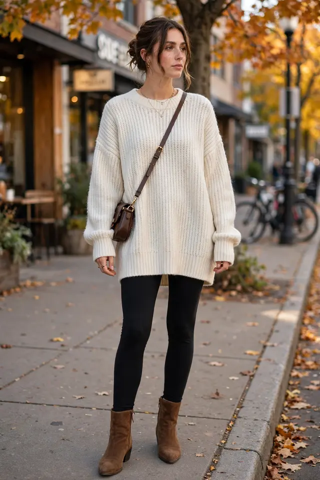 Ponte leggings with tunic sweater and ankle booties