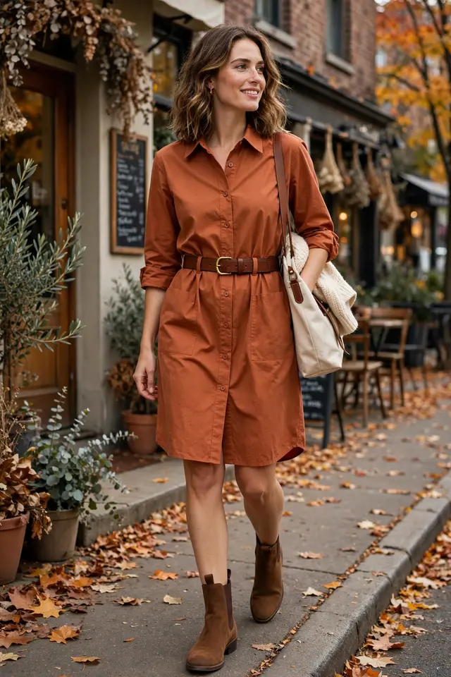Shirt dress with belt and Chelsea boots styled for fall
