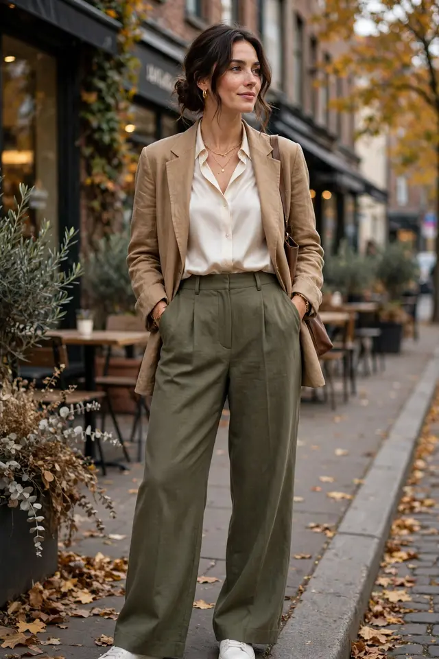 High-waisted trousers with silk blouse and blazer