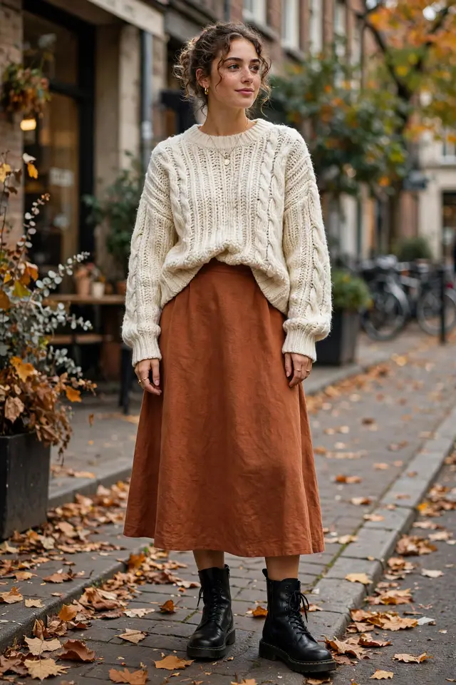 Midi skirt with chunky knit sweater and combat boots