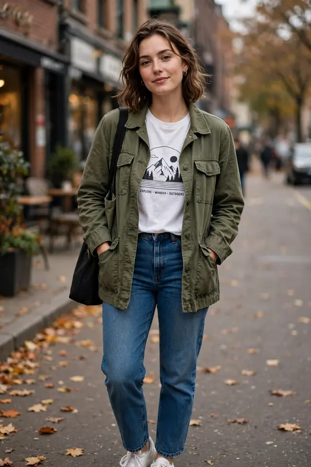  Straight denim with graphic tee and utility jacket