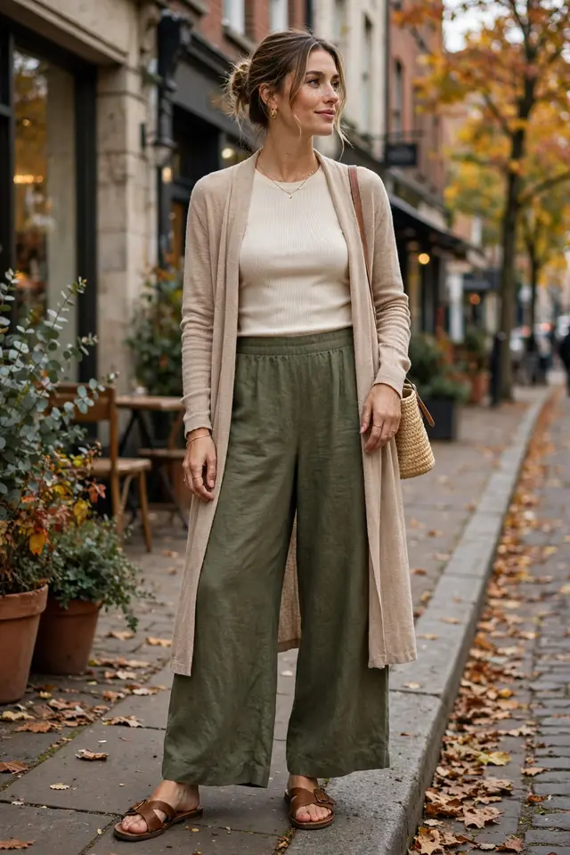 Palazzo pants styled with fitted top and duster cardigan