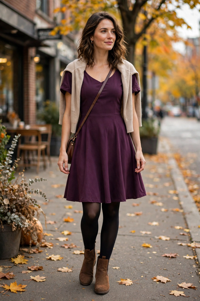 Fit-and-Flare Dress, Tights, and Ankle Boots