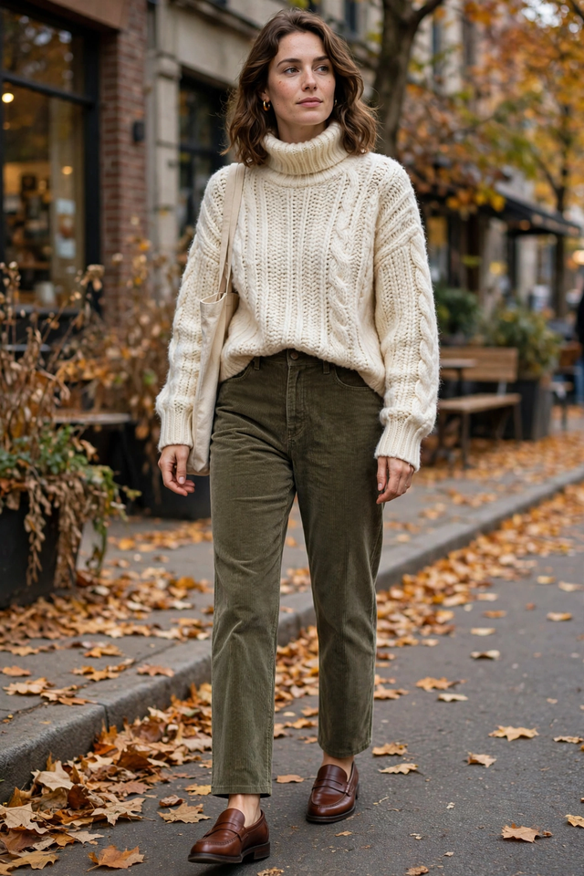 Corduroy pants with turtleneck sweater and loafers