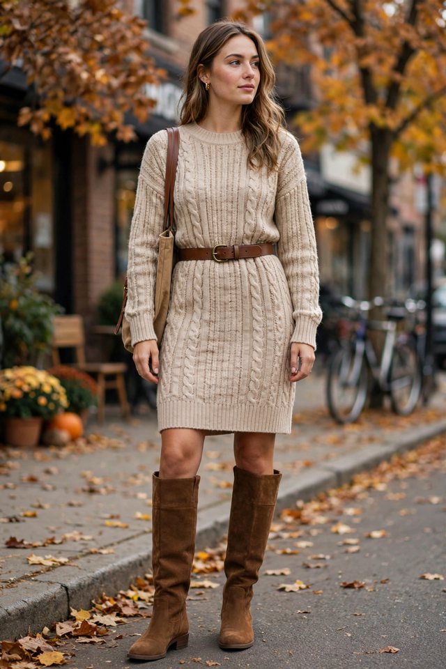 Sweater dress with tall boots and a belted waist