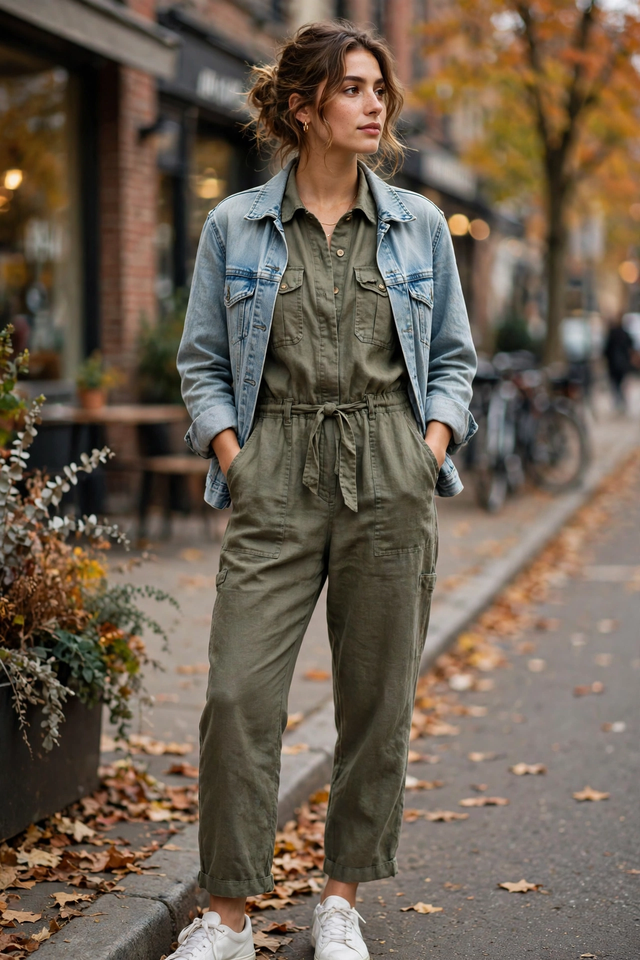 Jumpsuit with denim jacket and white sneakers