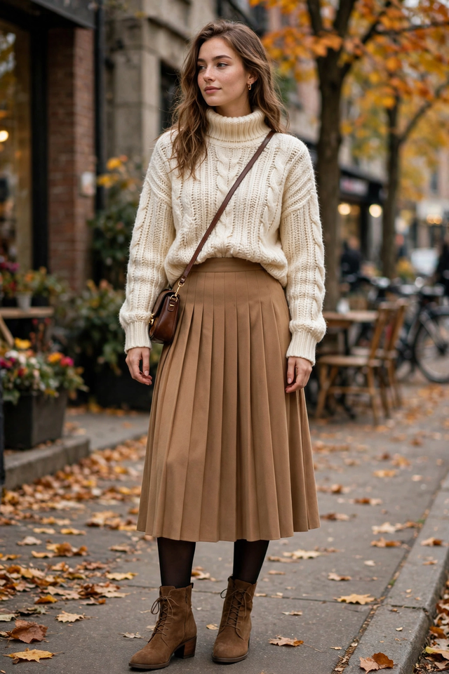 Pleated skirt with sweater, tights, and ankle boots