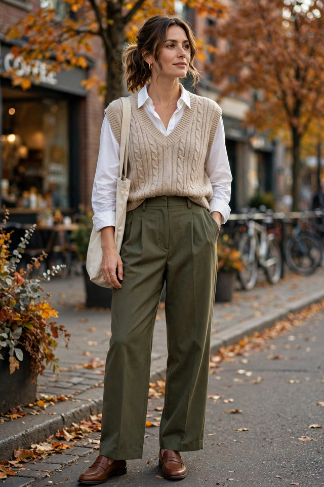 Trousers layered with sweater vest and button-down
