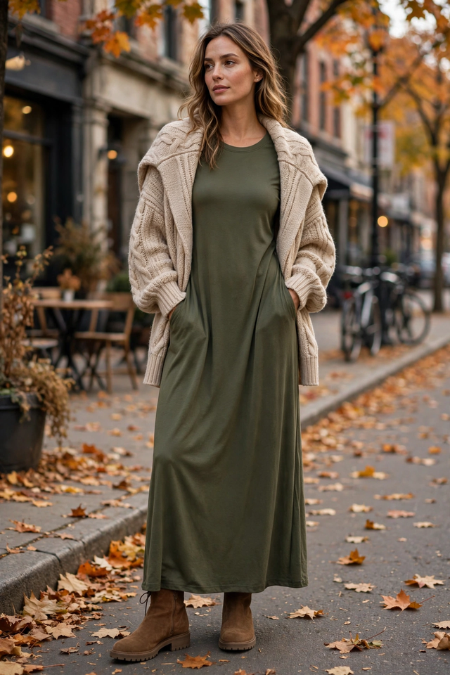 Jersey maxi dress with oversized cardigan and boots