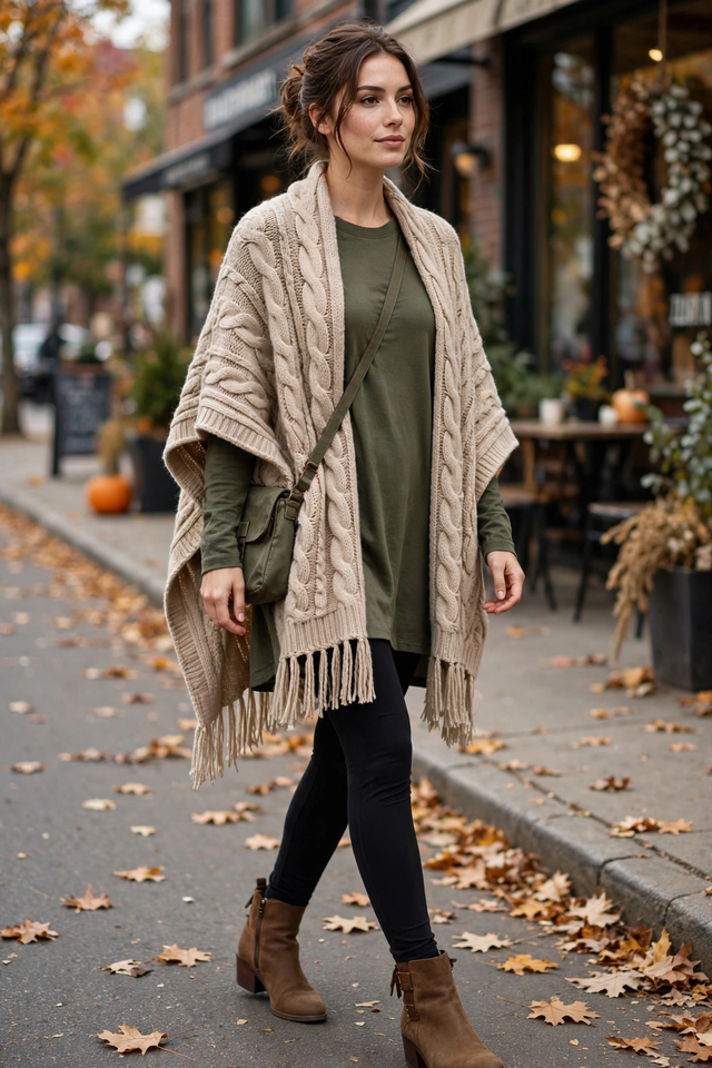 Leggings and tunic layered under a cozy poncho