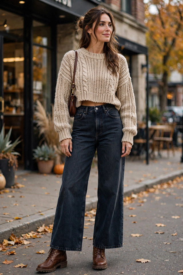 ide-leg jeans with cropped sweater and boots