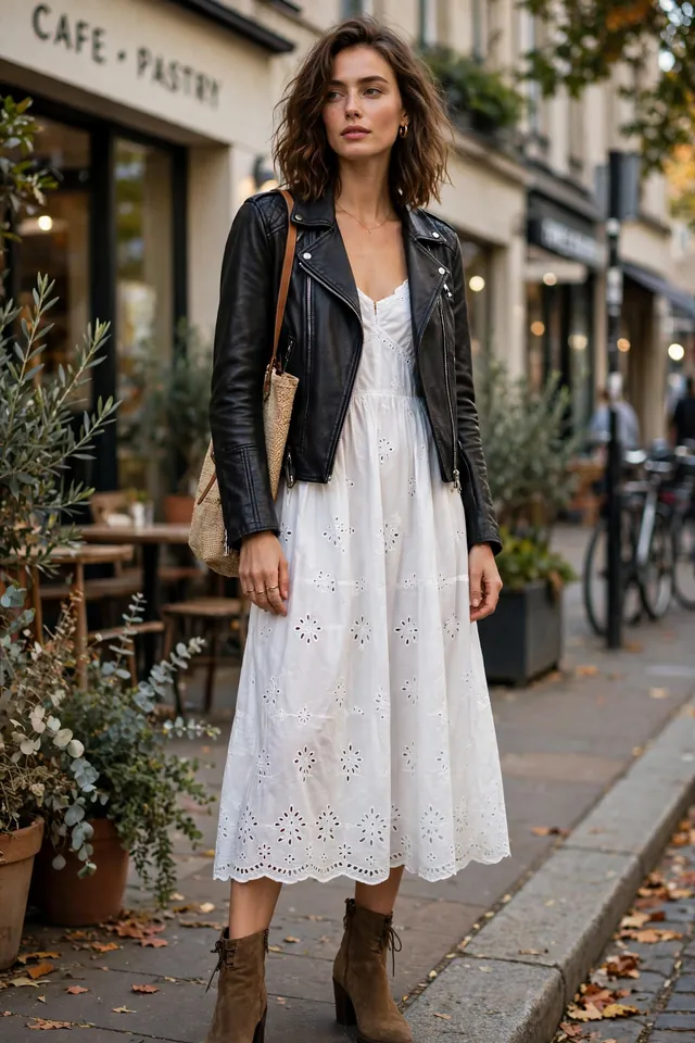 Woman in cotton sundress layered with leather moto jacket